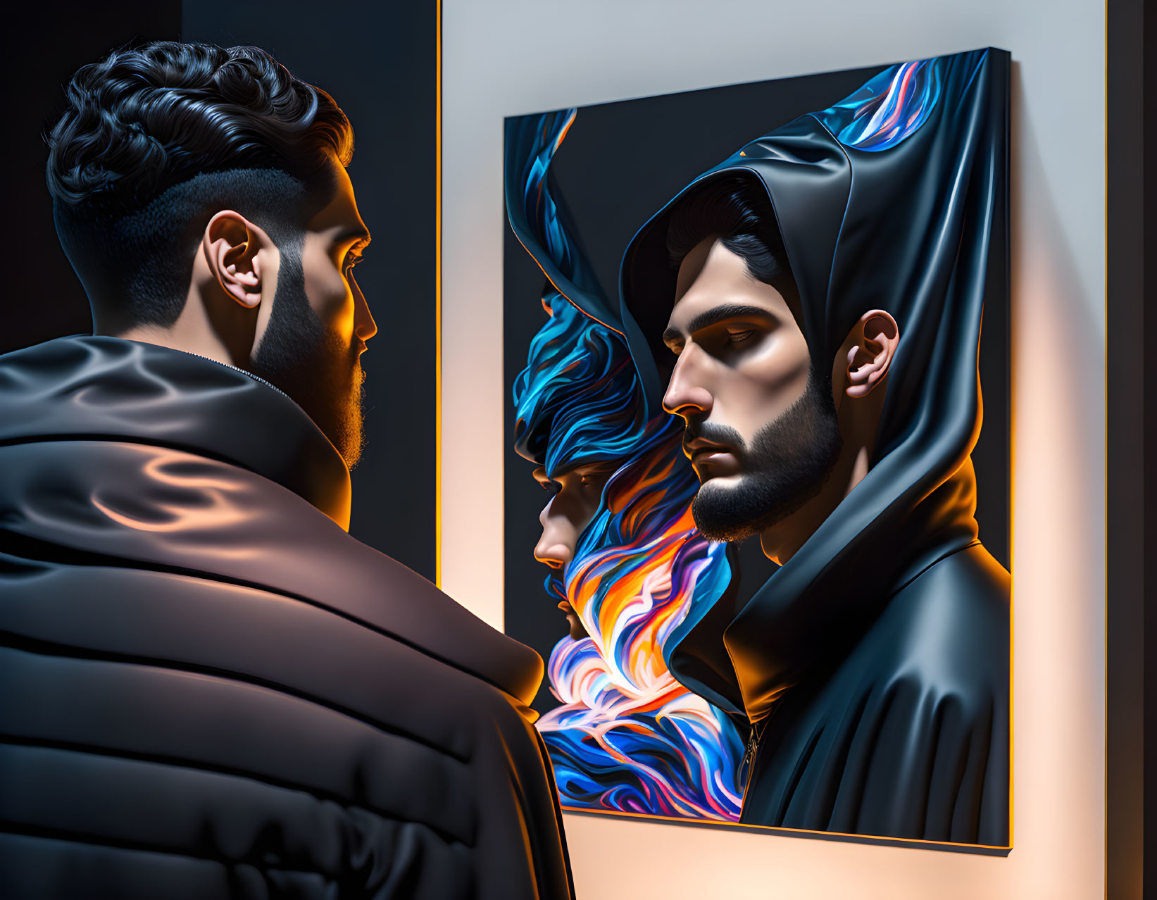 Man in Dark Cloak Contemplates Vibrant Self-Portrait Painting