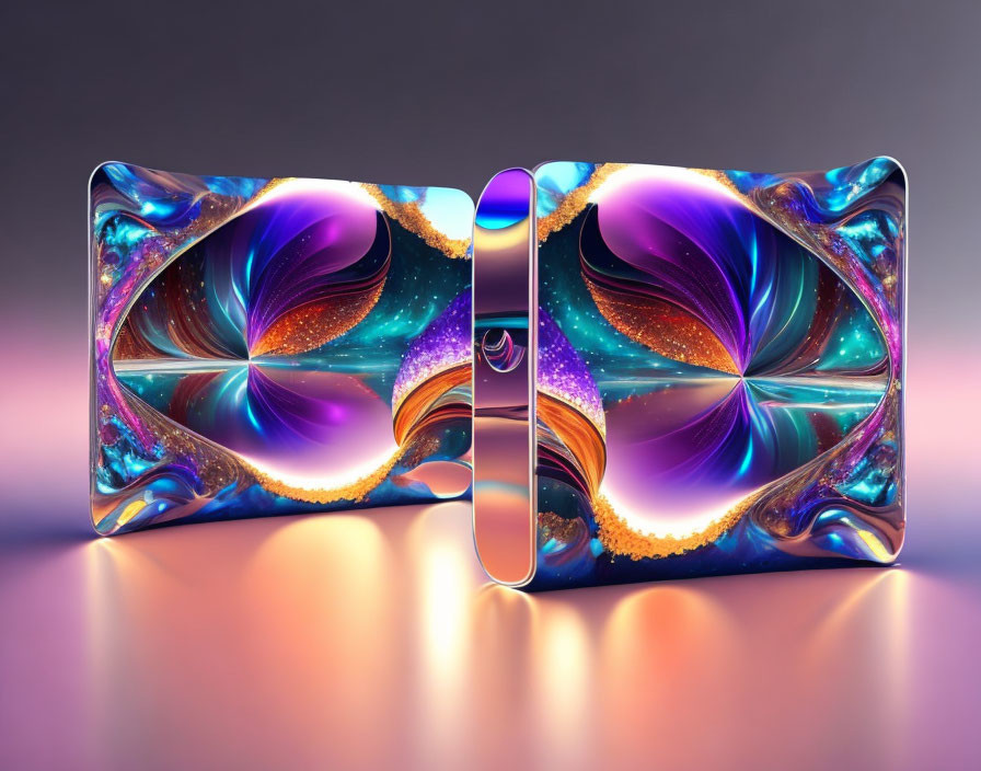 Dual-Screen Smartphone with Fractal Art Wallpaper on Reflective Surface