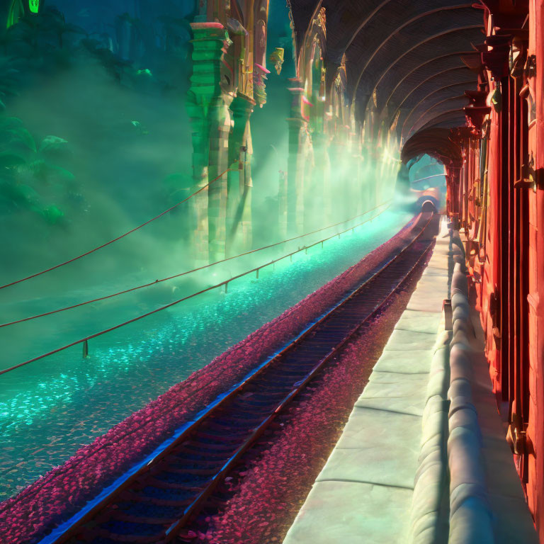 Fantastical train station with vibrant lights and misty tracks