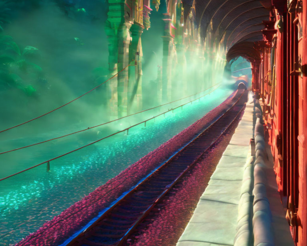 Fantastical train station with vibrant lights and misty tracks