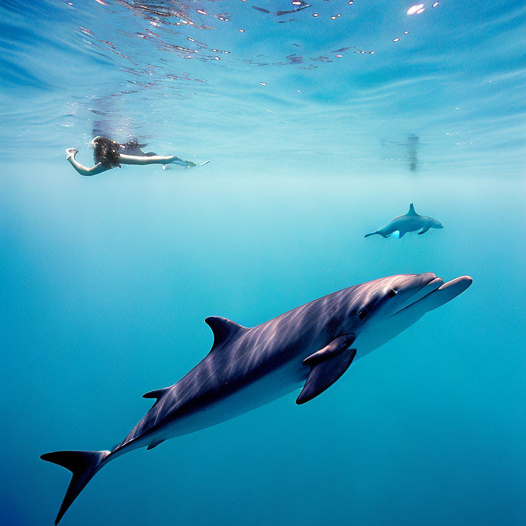 Underwater Diver and Dolphin with Sun Rays in Ocean