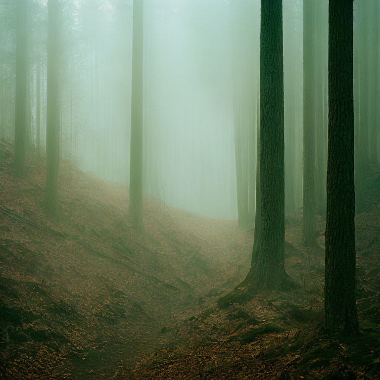 Misty Forest with Tall Trees and Fallen Leaves