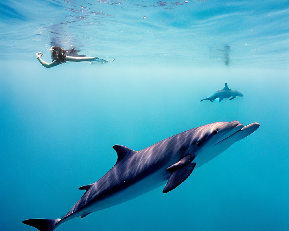 Underwater Diver and Dolphin with Sun Rays in Ocean