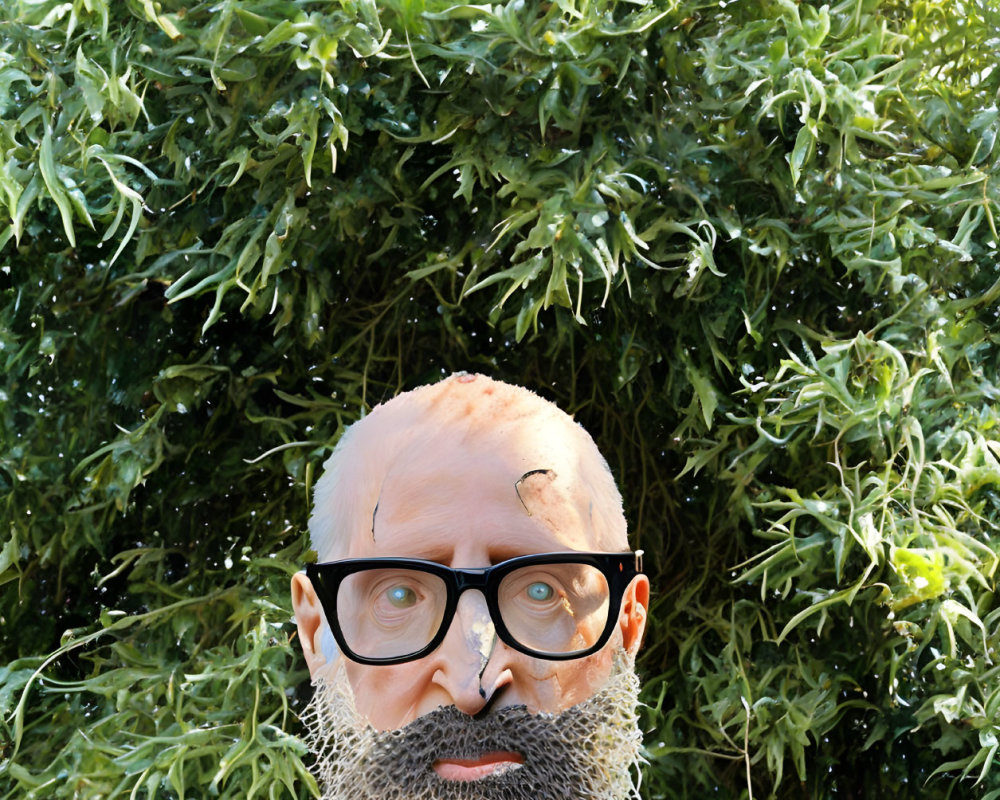 Bald Person with Beard, Glasses, Blue Top, Green Background