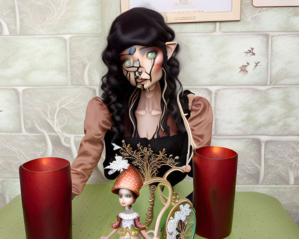 Elf-eared figure with intricate makeup and whimsical doll in front of vintage bicycle poster