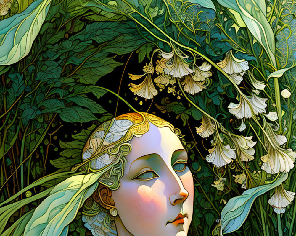 Art Nouveau style woman illustration with ornate headdress and lush foliage background