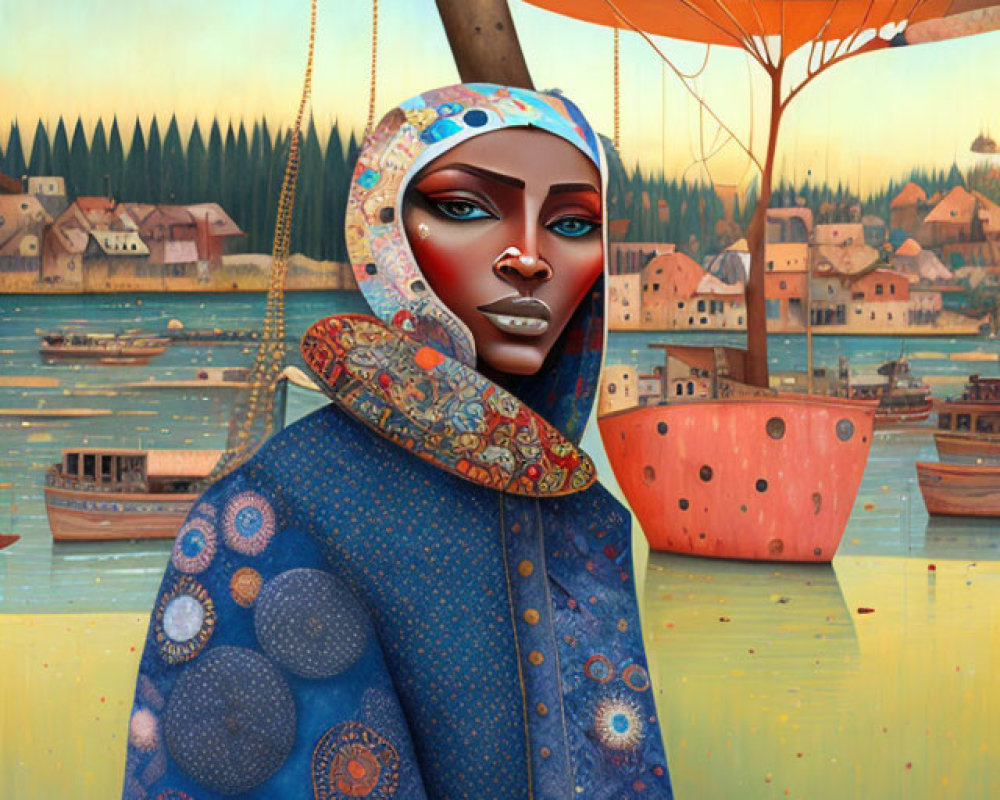 Colorful portrait by tranquil lake with boats and whimsical tree.