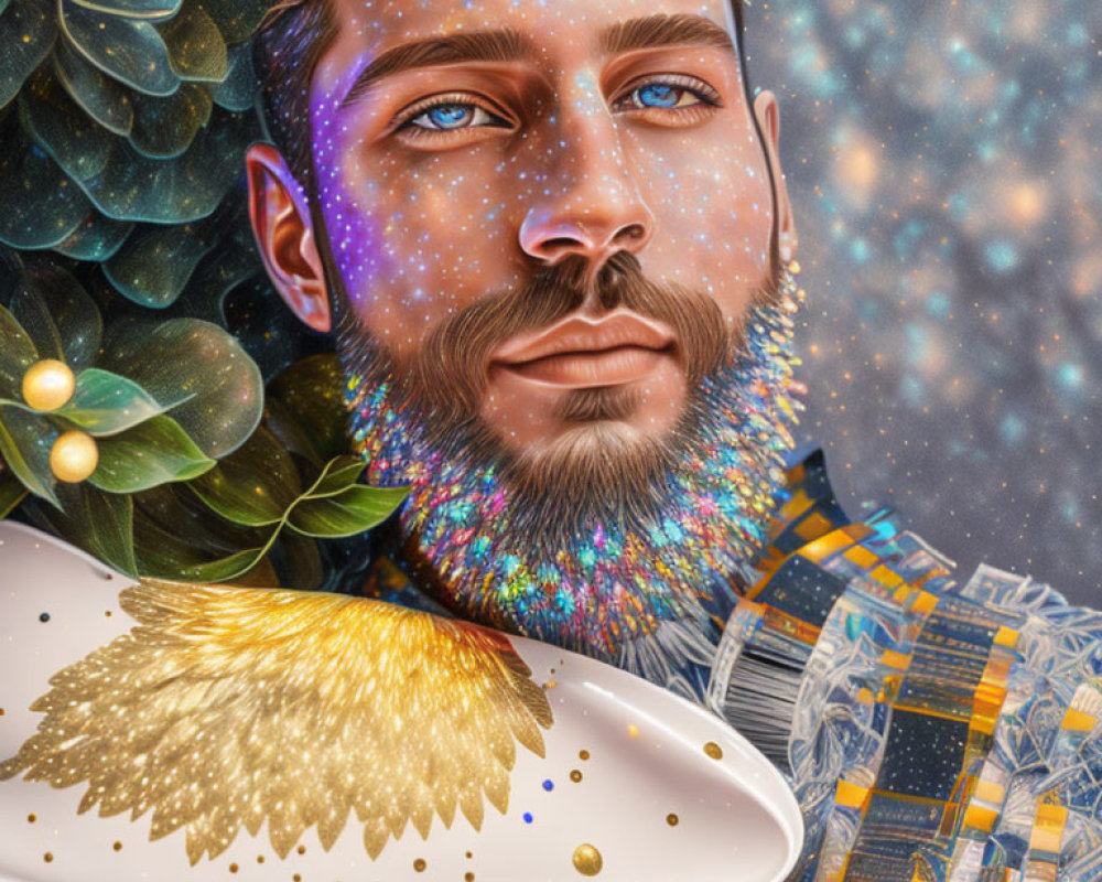 Detailed digital portrait of a man with galaxy beard and gold palette, surrounded by greenery and orbs.