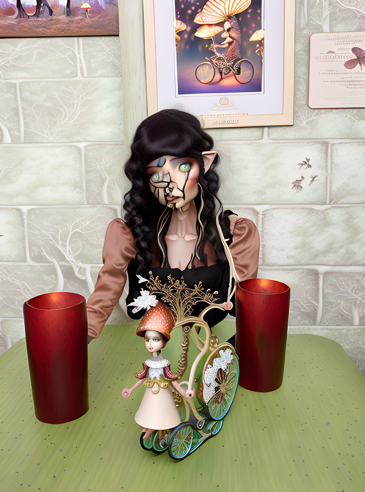 Elf-eared figure with intricate makeup and whimsical doll in front of vintage bicycle poster