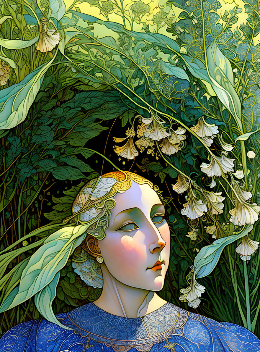 Art Nouveau style woman illustration with ornate headdress and lush foliage background