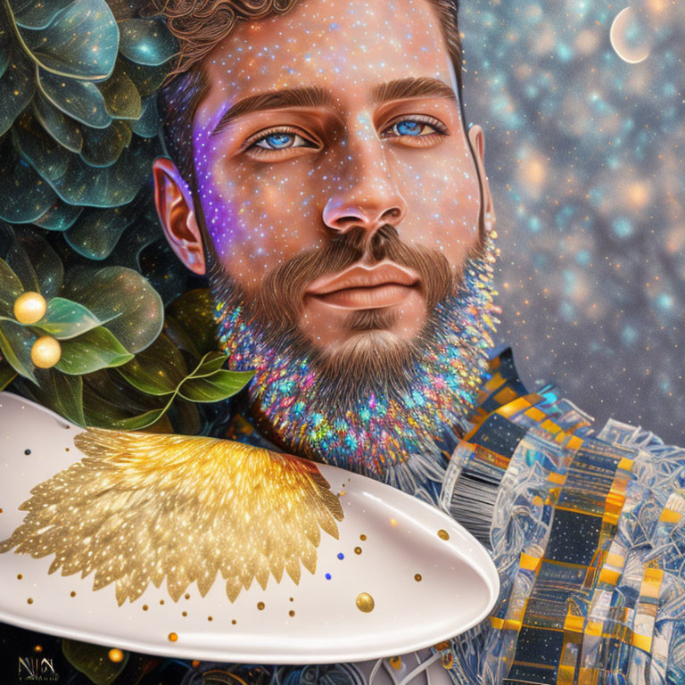 Detailed digital portrait of a man with galaxy beard and gold palette, surrounded by greenery and orbs.