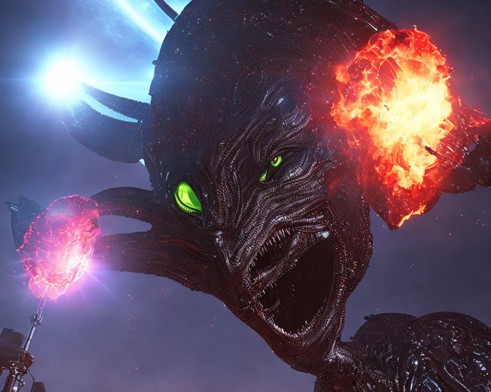 Sinister creature with green eyes and fiery orbs against cosmic backdrop.