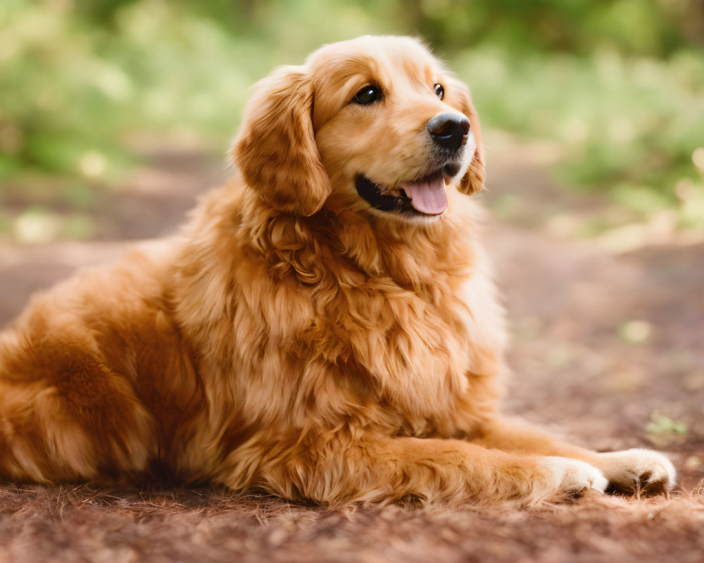 Happy golden retriever dog in forest setting with tongue out