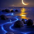 Nighttime seascape with crescent moon, bioluminescent water, exotic fruits, and distant