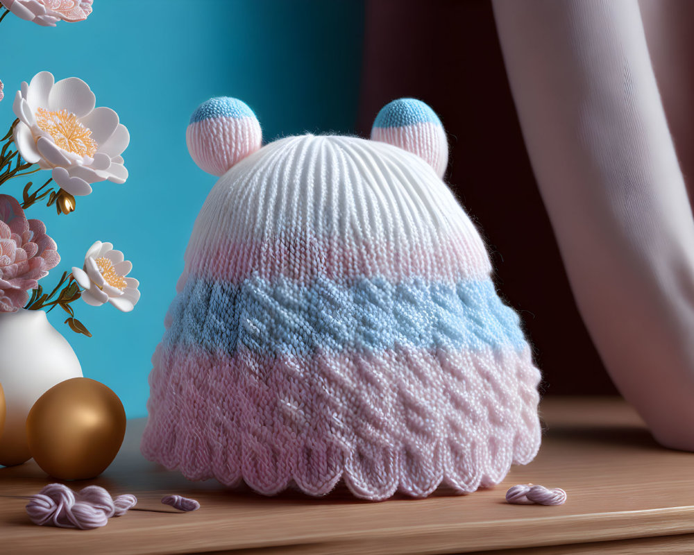 Pastel Striped Baby Hat with Pom-Poms and Decorative Orbs on Table