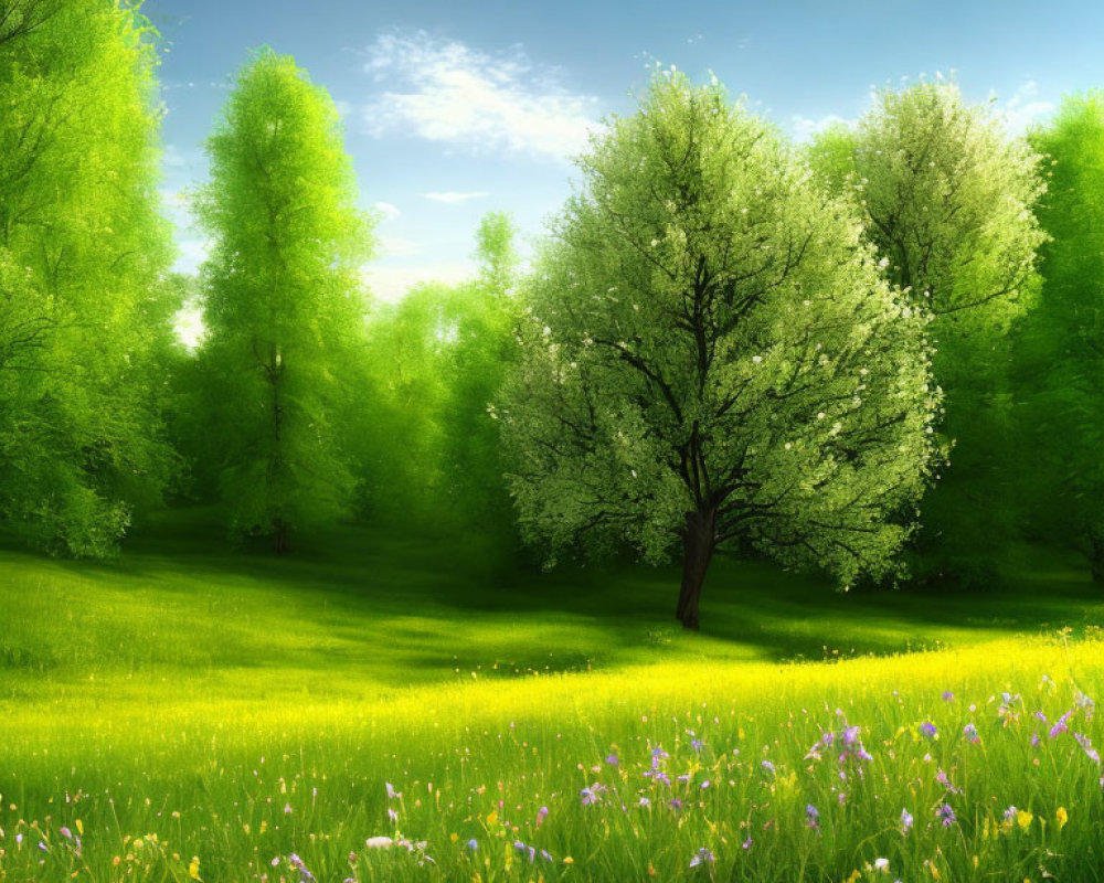 Vibrant Trees Over Lush Meadow with Purple Flowers