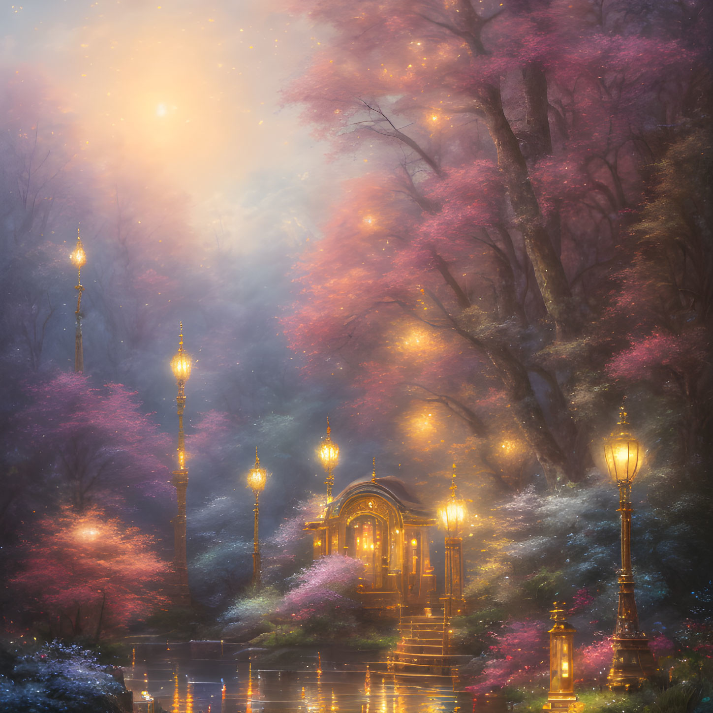 Twilight forest scene with pink and purple foliage and glowing lampposts