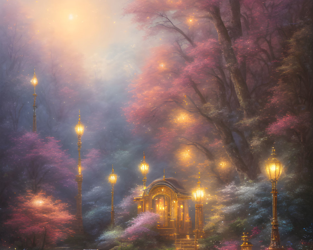 Twilight forest scene with pink and purple foliage and glowing lampposts