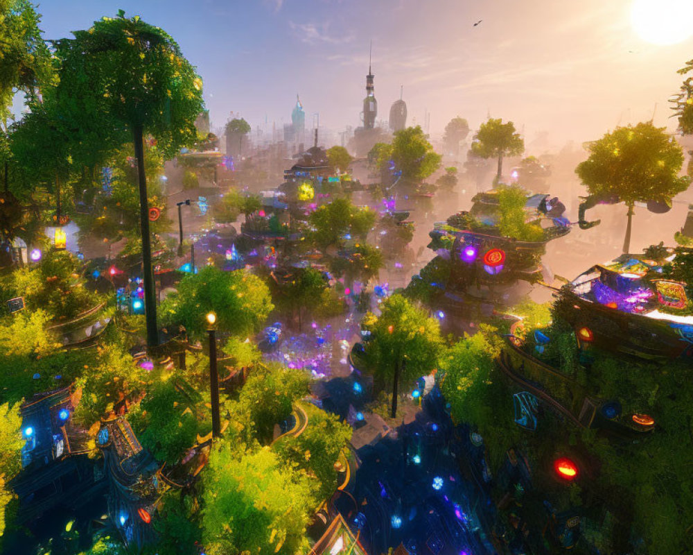 Futuristic cityscape with greenery, lights, flying vehicles, skyscrapers, and sunrise