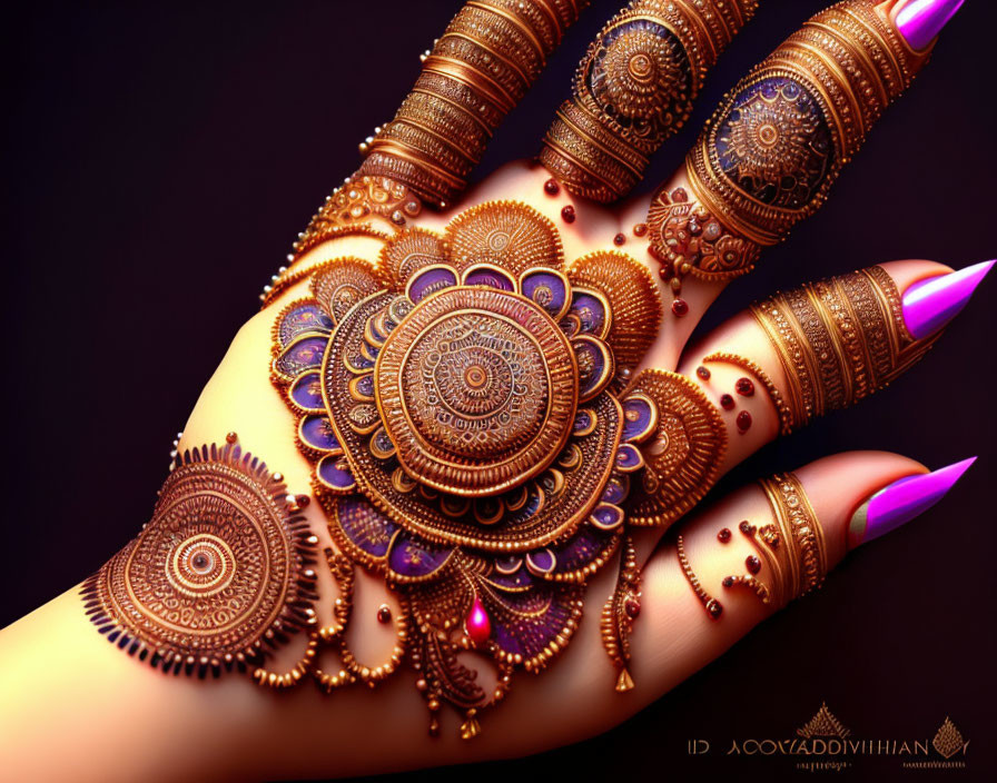 Detailed henna mandala design on hand with purple nail polish on dark background