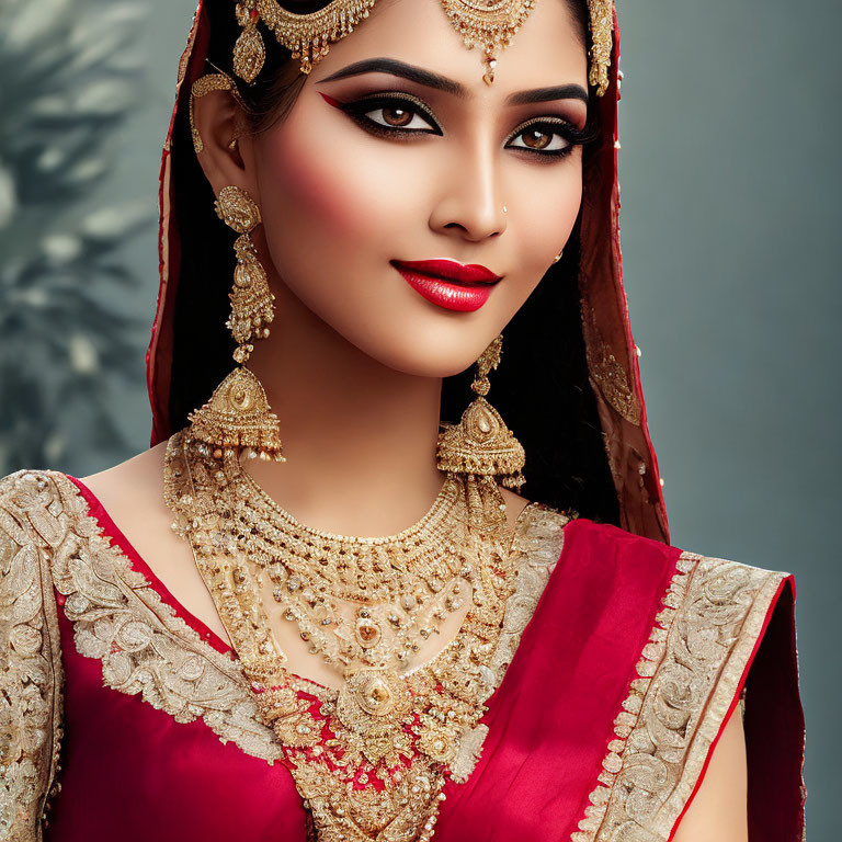 Traditional Indian Bridal Attire and Jewelry with Detailed Makeup