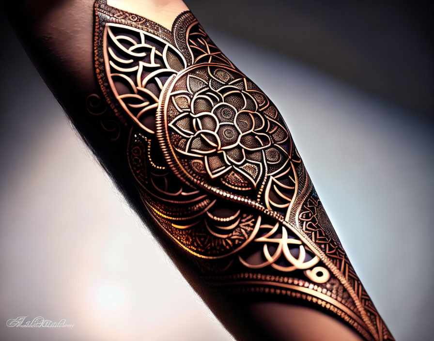 Detailed Black Henna Tattoo: Mandala and Paisley Patterns on Arm