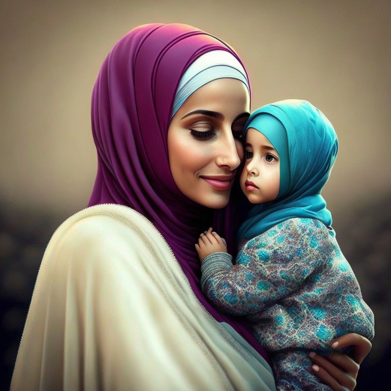 Woman and child in hijabs sharing a tender embrace