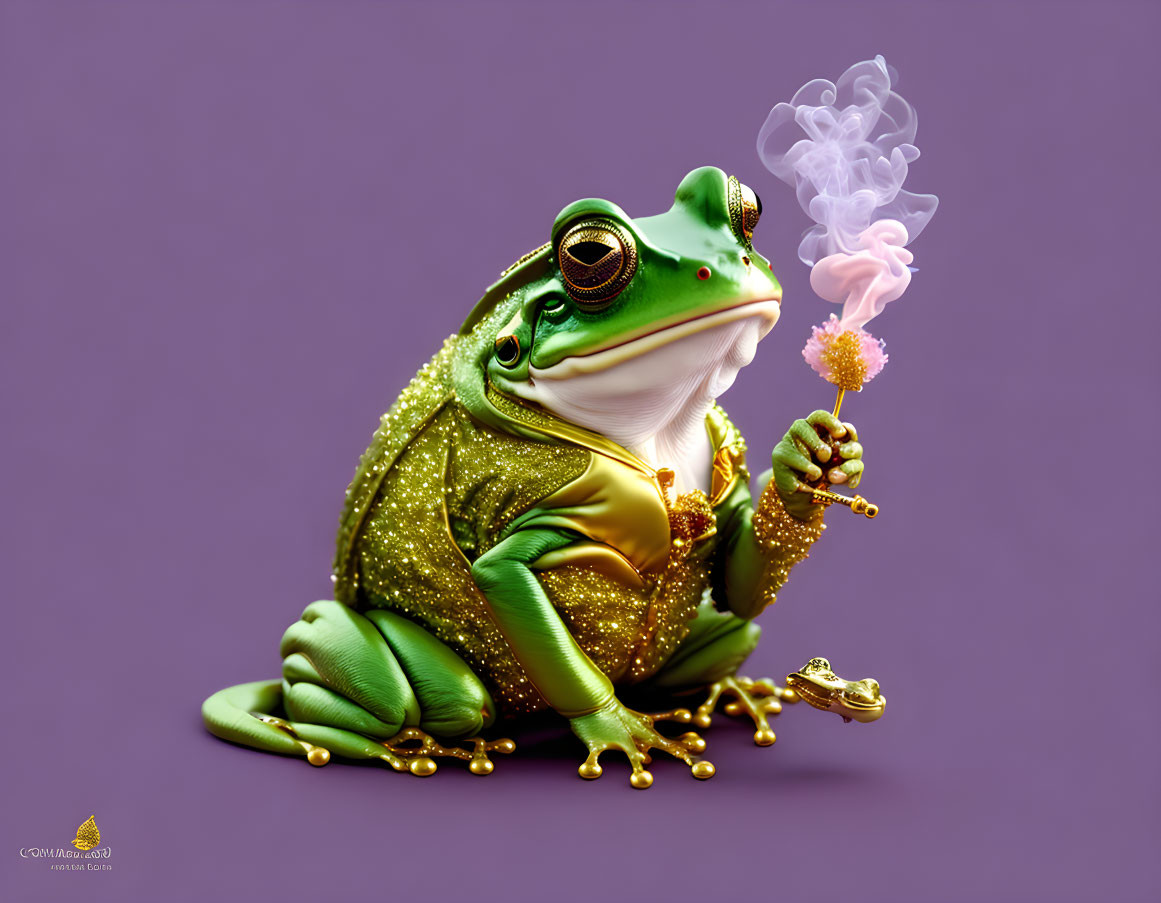 Regal frog illustration with crown, cloak, jewelry, scepter, and smoke rings