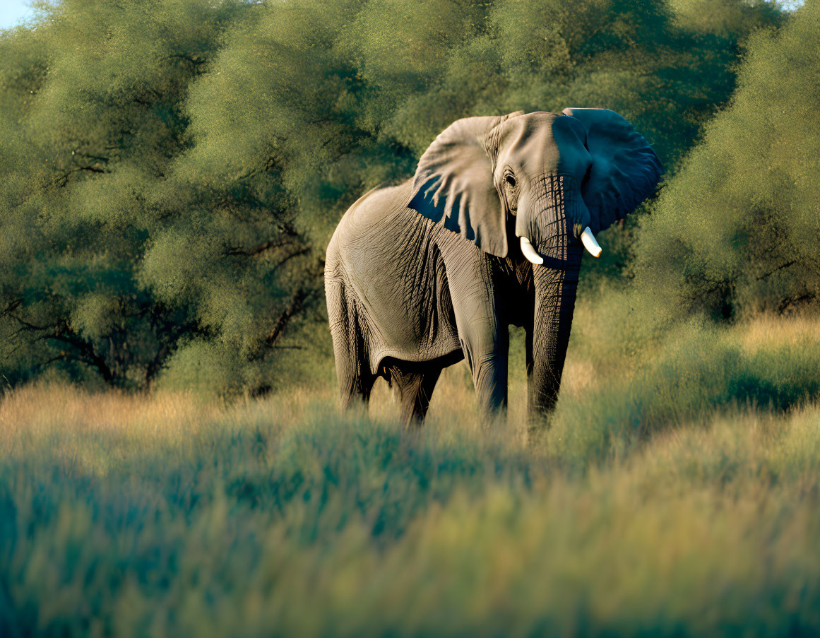 Adult Elephant Standing in Tall Grass with Green Trees Background