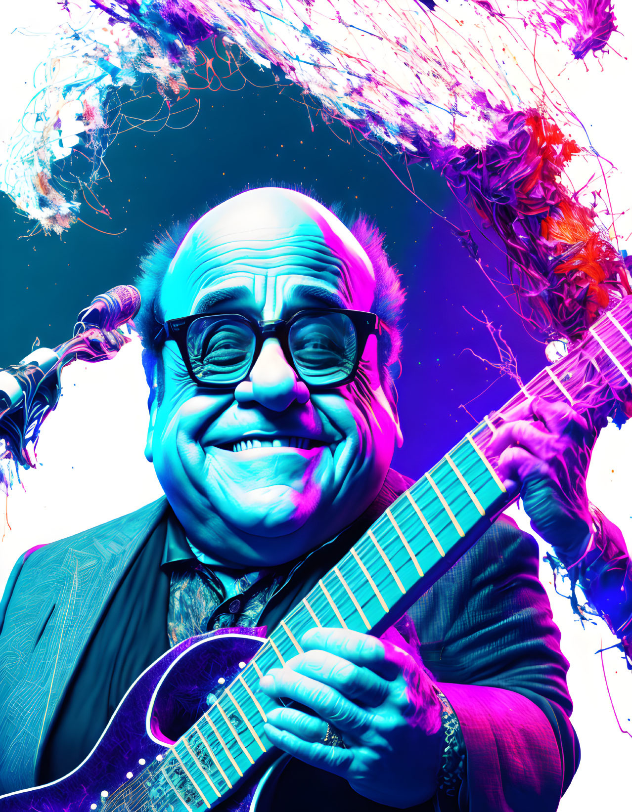 Colorful Illustration: Cheerful Man with Guitar and Abstract Background