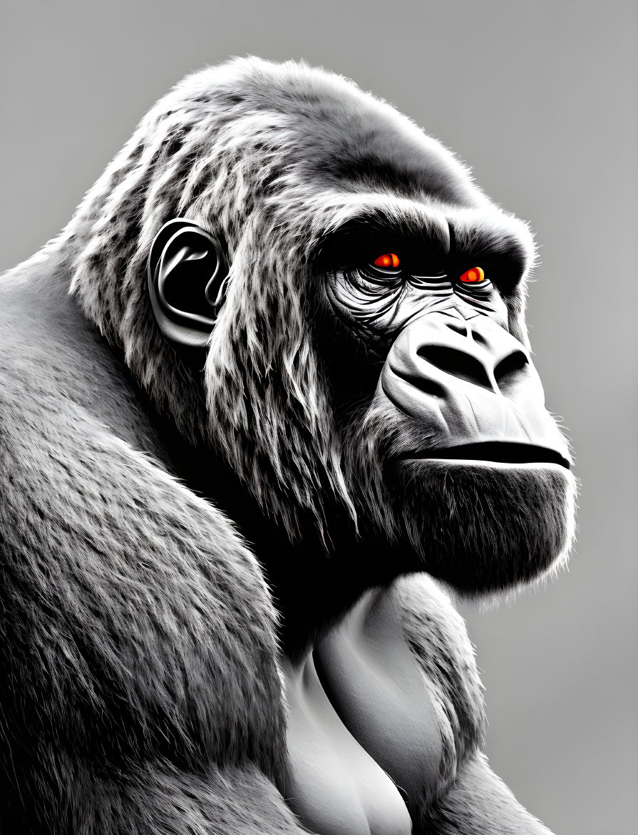 Gorilla digital art: thoughtful expression, red eyes, gray background