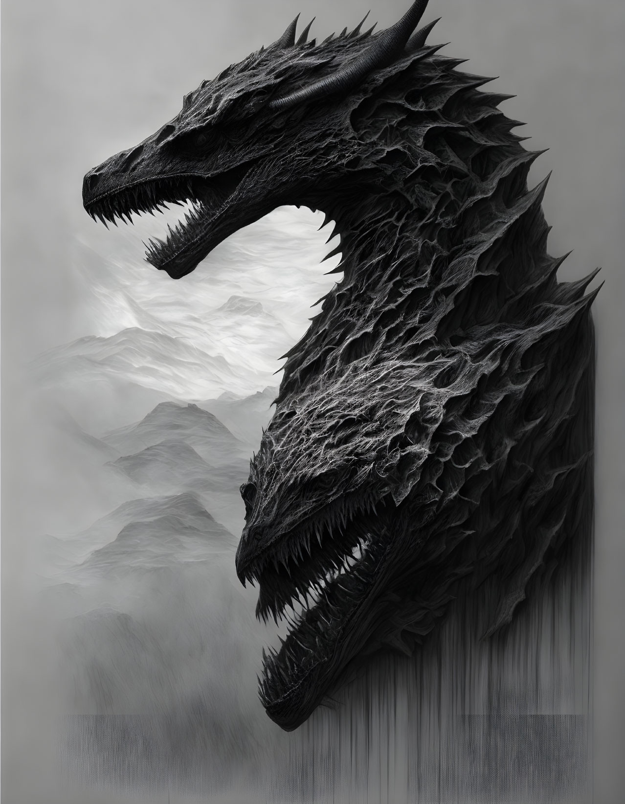 Monochromatic dragon head with scales and teeth in misty mountain scene