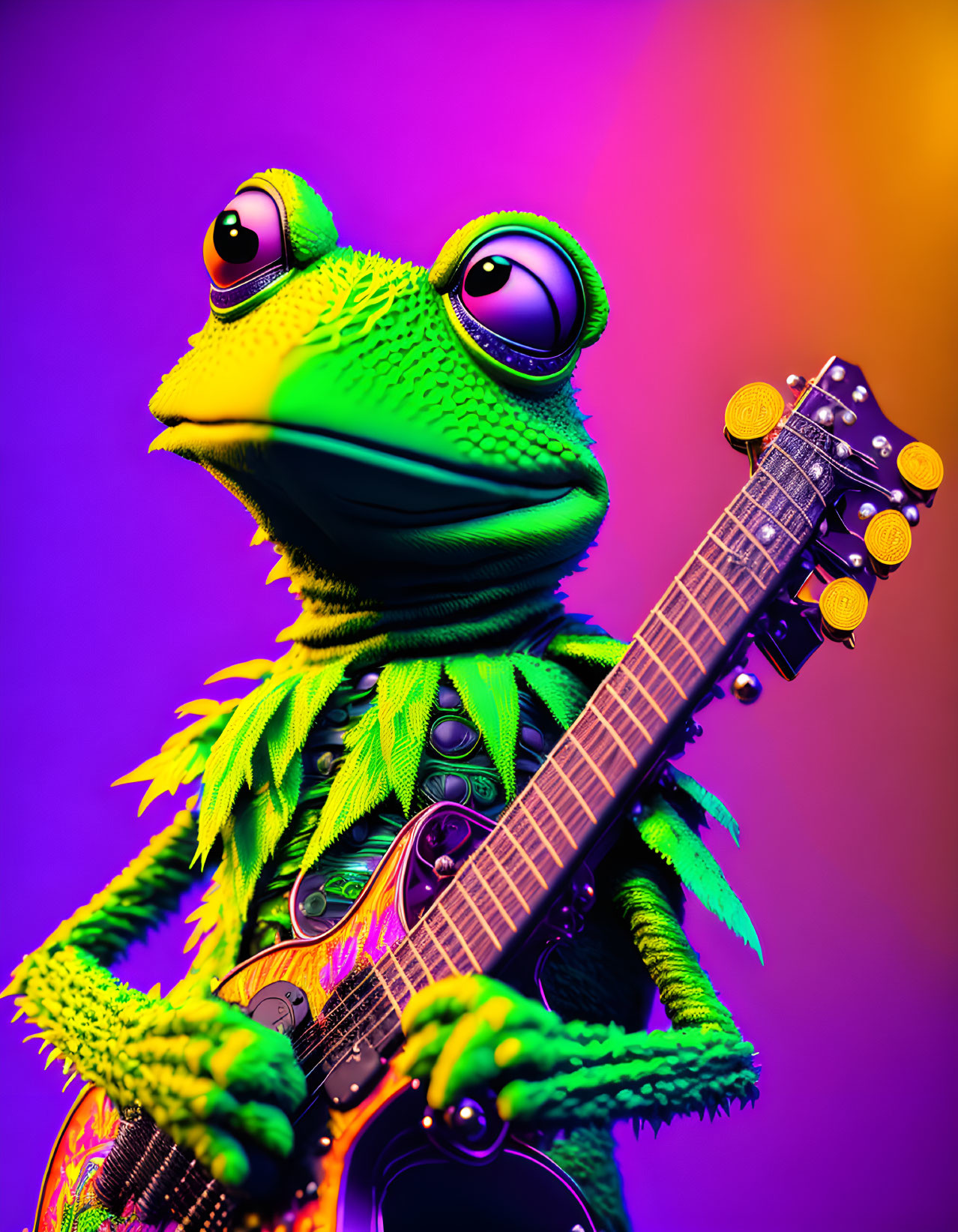 Colorful anthropomorphic frog with electric guitar on gradient background