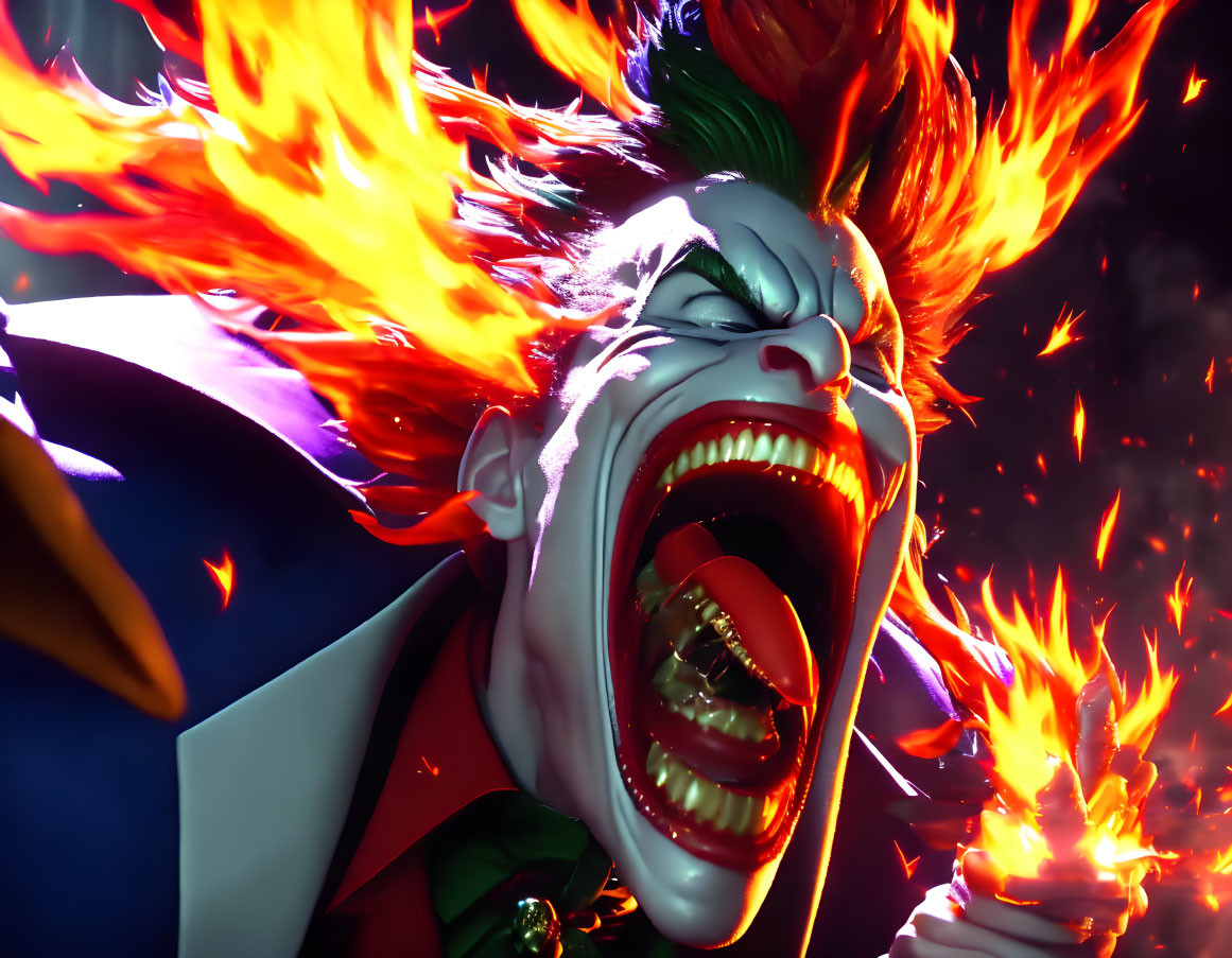 Fiery-haired Joker with intense expression on dark background