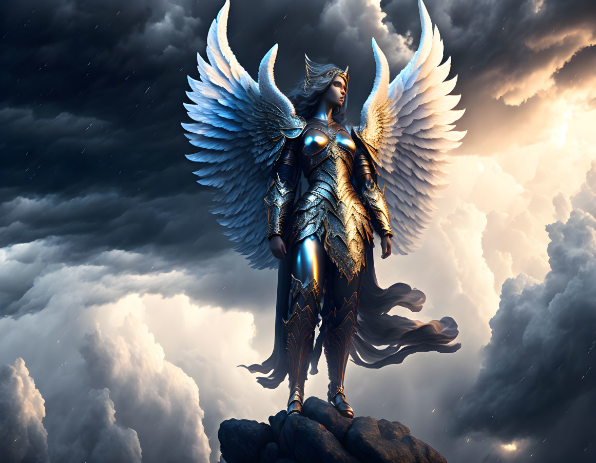 Majestic winged warrior in golden armor on cliff under dramatic cloudy sky