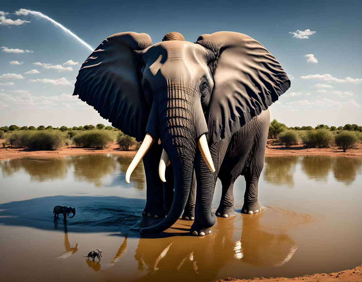 Surreal image: Elephant with open zipper revealing smaller elephant, scenic backdrop