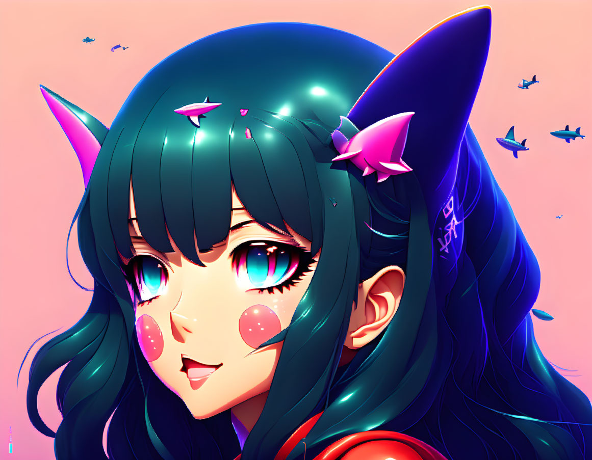 Illustration of girl with blue hair, cat ears, pink-green eyes, pink glow, and butterflies