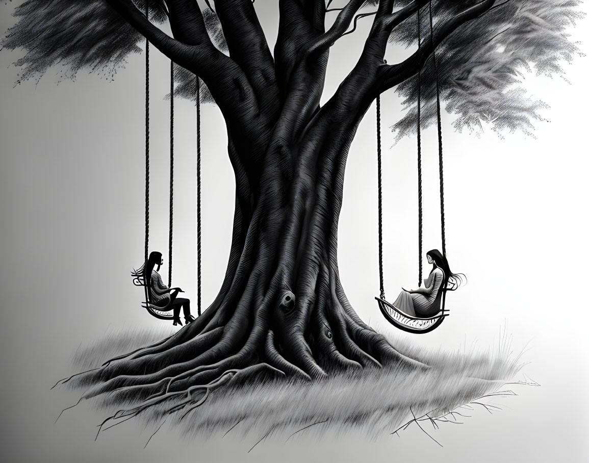 Monochromatic illustration: Two people on swings under a large tree with intricate roots and an owl peek