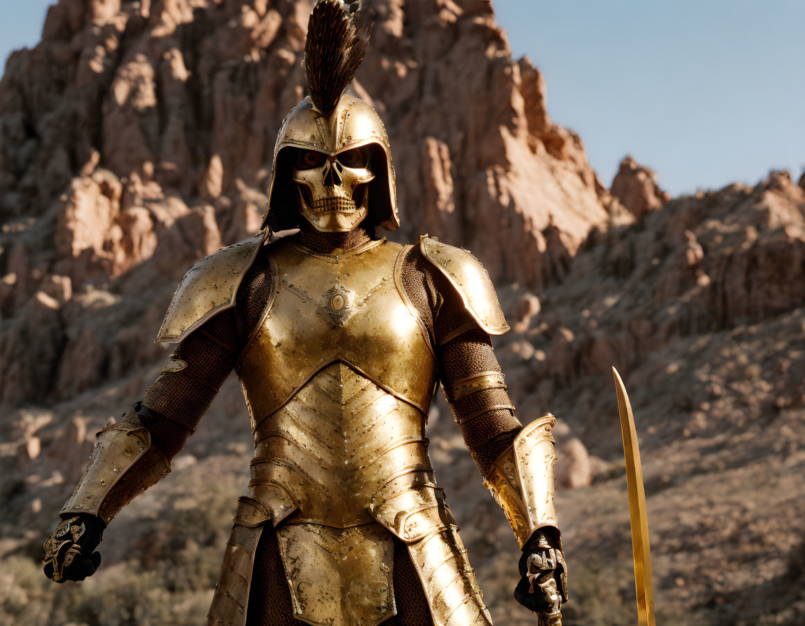 Golden Spartan warrior in armor with sword, rocky mountain background