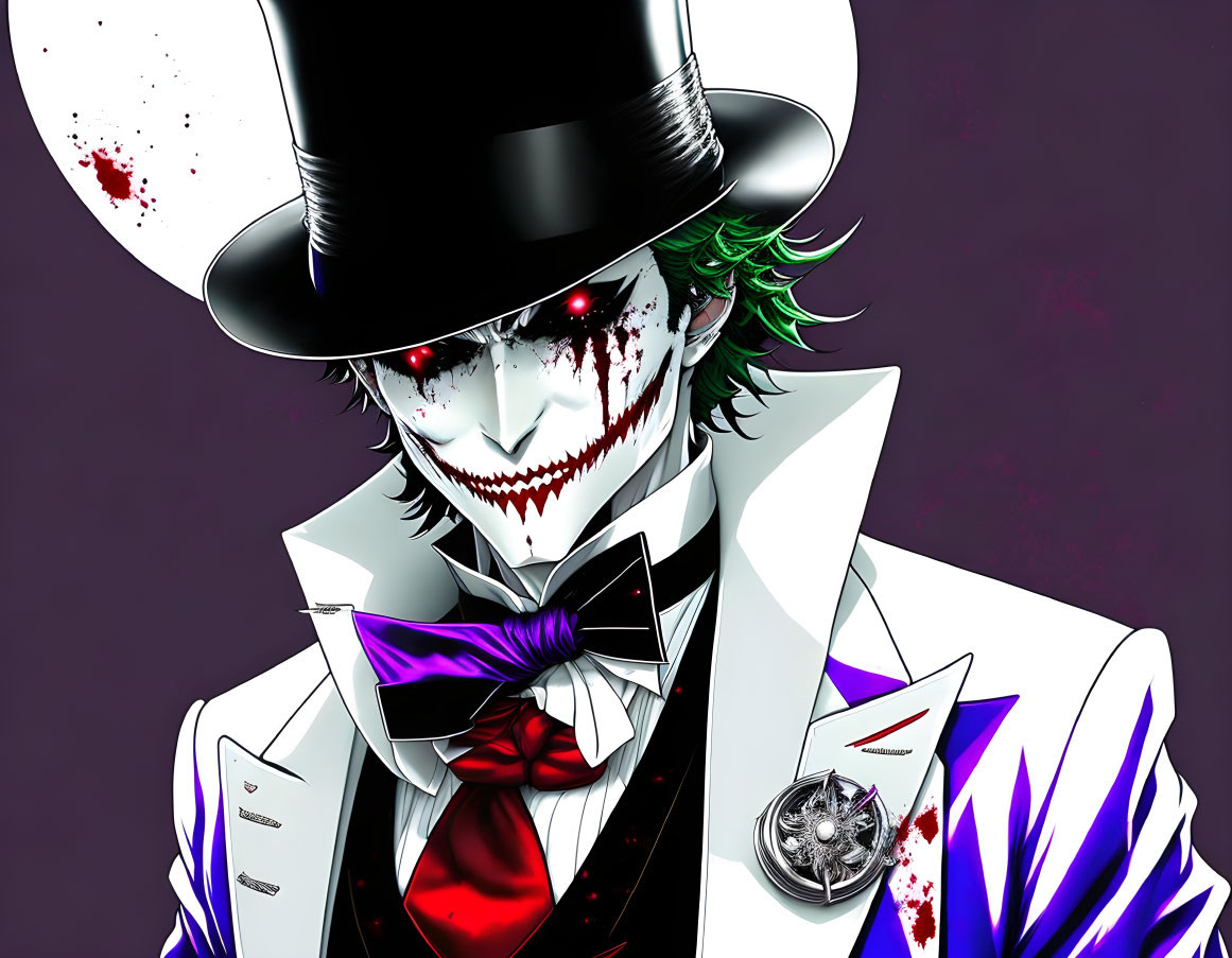 Menacing character with green hair, top hat, white suit, blood splatters