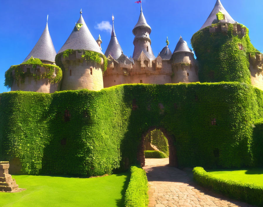 Pointed turrets and ivy-covered walls of a fairy-tale castle under a clear blue sky