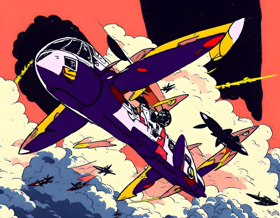 Vintage fighter planes in dynamic aerial combat with colorful sky backdrop