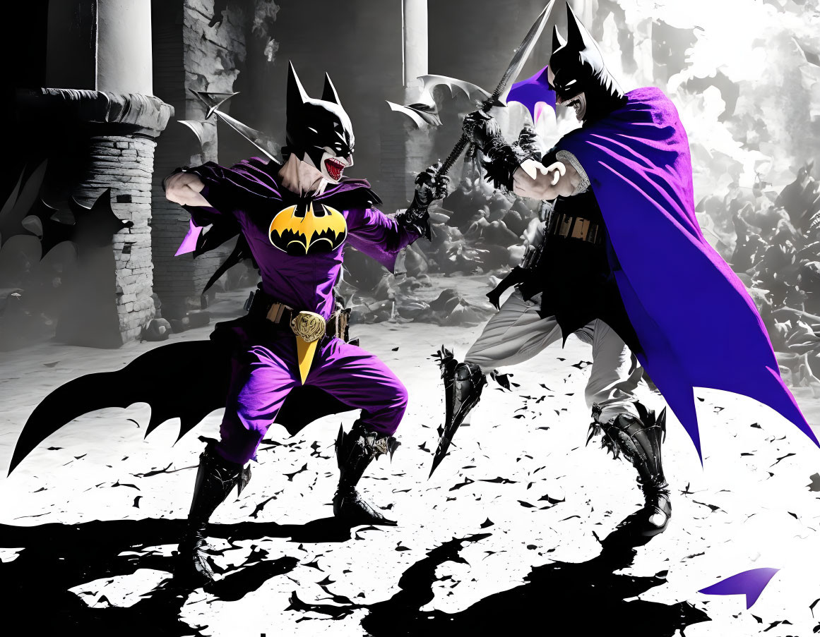 Batman animated fight scene with contrasting colors & dynamic poses