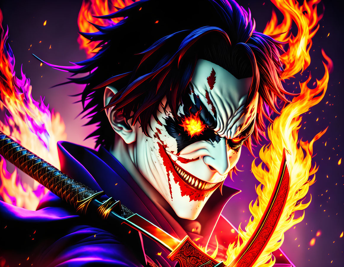 Menacing character with white mask and fiery eye wields sword in fiery backdrop