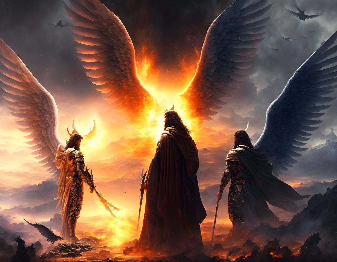 Three winged armored figures in front of fiery backdrop with flying birds