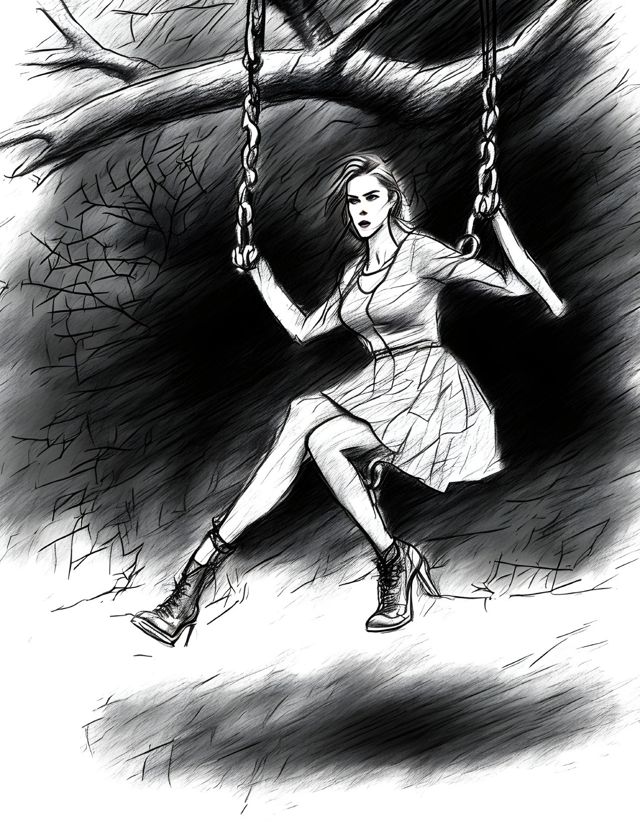 Monochrome sketch of stylish woman on swing with extended leg, tree backdrop