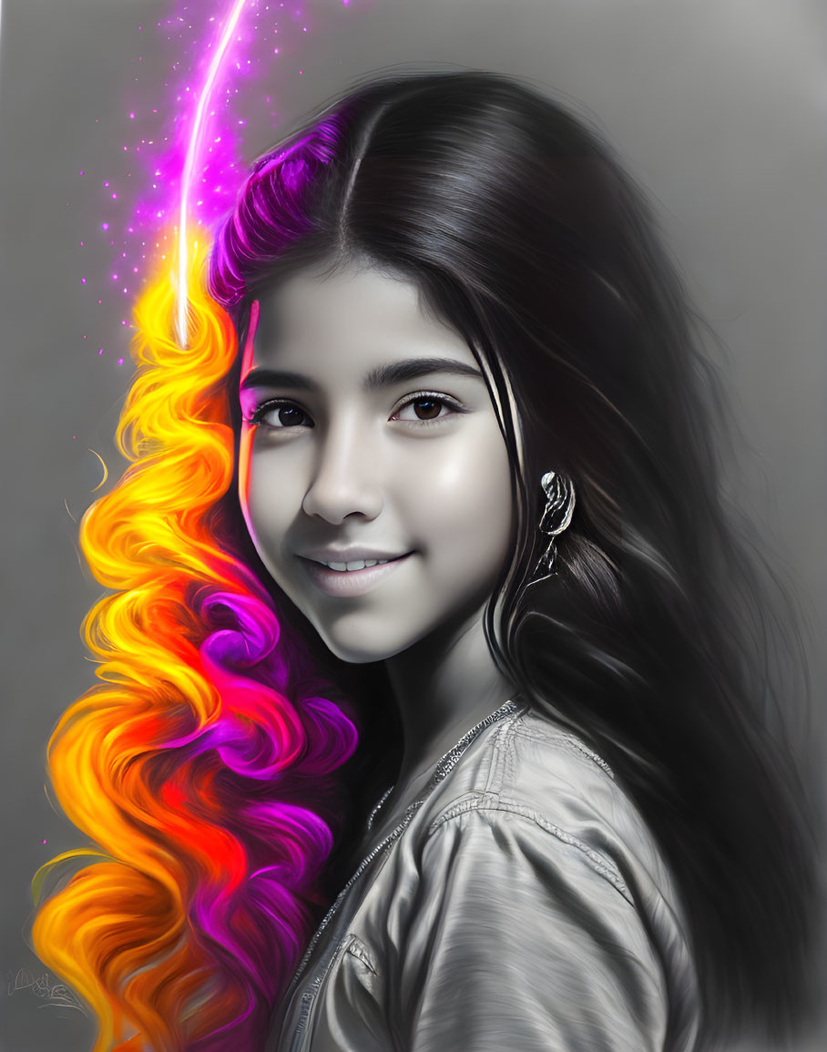 Monochrome portrait of a girl with colorful streak of light transforming hair