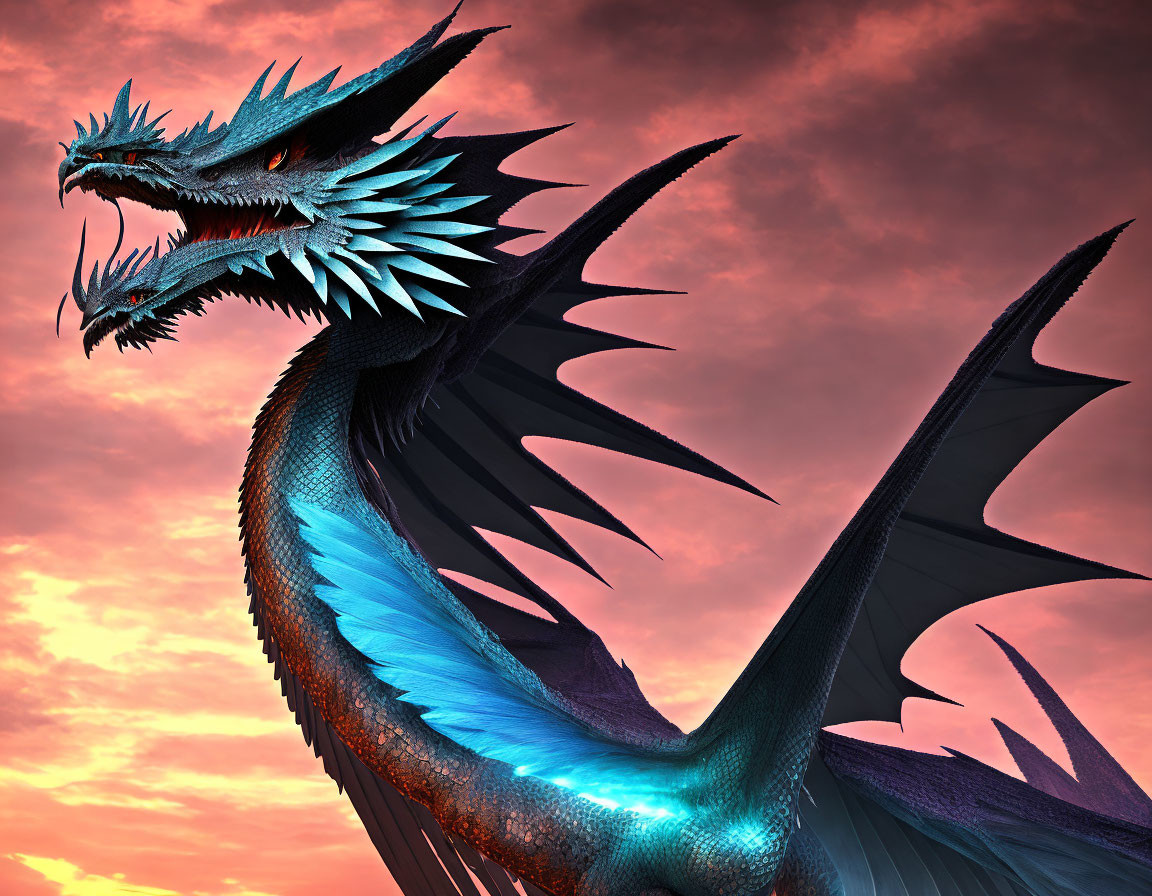 Blue two-headed dragon against red and pink sky