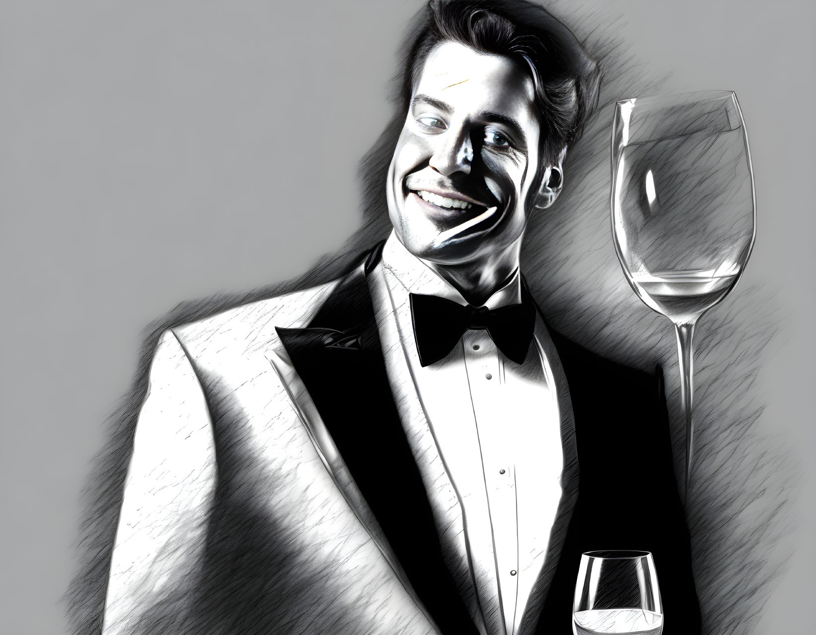 Monochrome image: Smiling man in tuxedo with wine glass