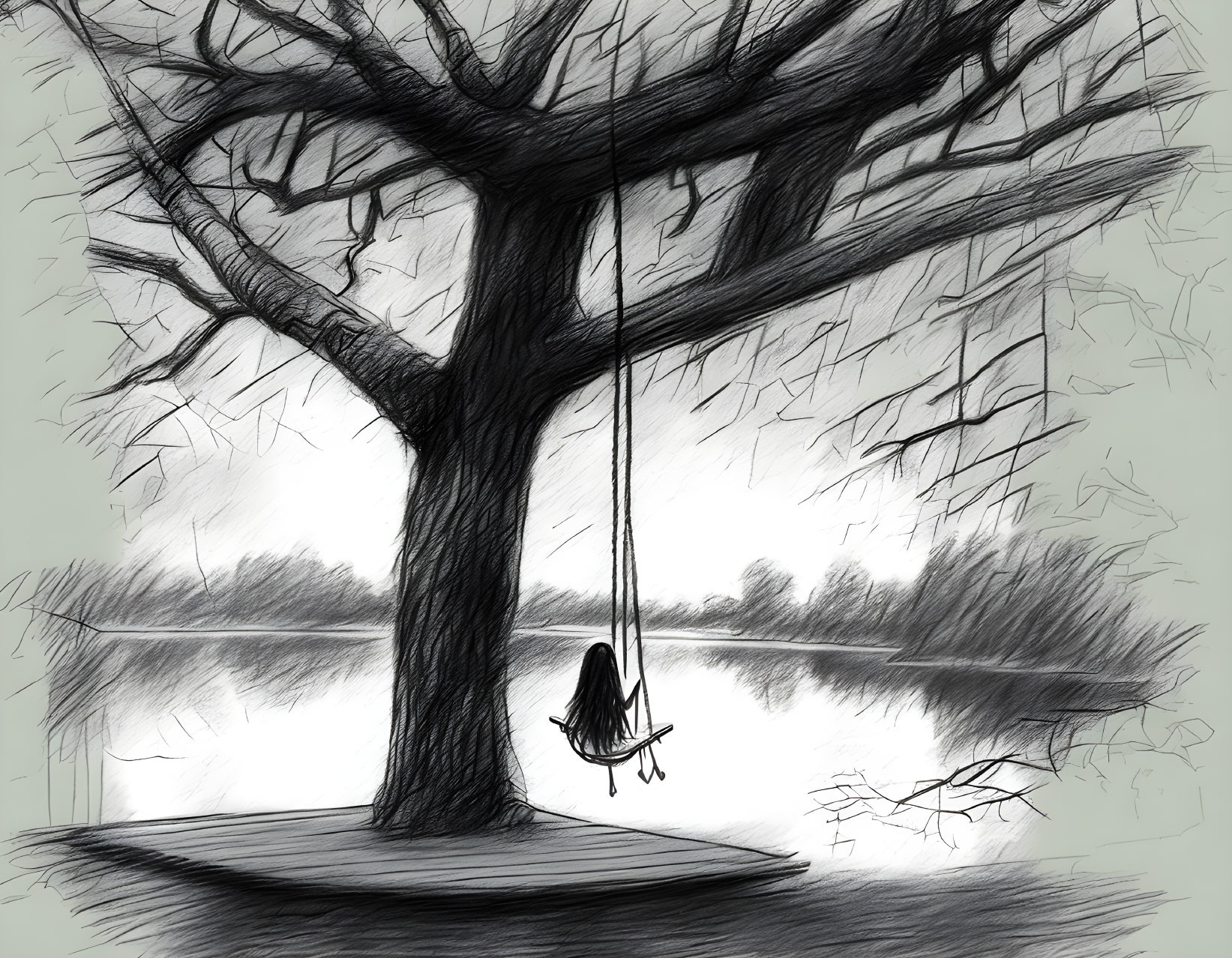 Monochrome sketch of figure on swing by tranquil lake